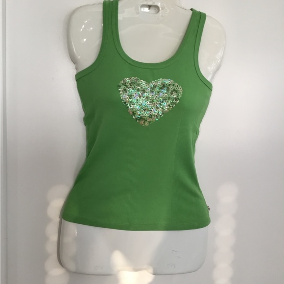 Twisted Heart Green Tank Top Sequins Heart Size SP. $25 - Picture 2 of 10